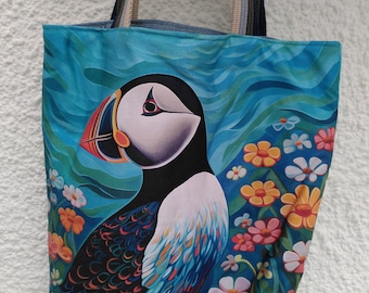 Puffin long handled tote bag