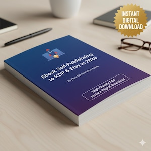 Può includere: Un libro intitolato "Ebook Self-Publishing to KDP & Etsy in 2026" con una copertina sfumata blu e viola. La copertina presenta un'icona di un razzo che parte da un laptop. Il libro è etichettato "High-Quality PDF Instant Digital Download".