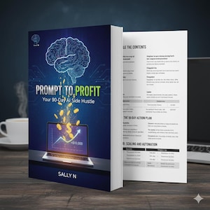 Puede incluir: Un libro titulado "Prompt to Profit" con el subtítulo "Your 90-Day AI Side Hustle". La portada presenta un cerebro estilizado, monedas de oro y una pantalla de portátil con un gráfico ascendente y "$10,000". Autor: Sally N.