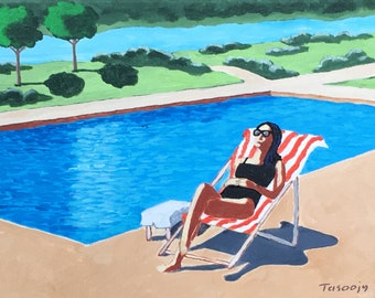 Woman By the Pool #11, Impressionist Acrylic Painting, Swimming, Summer, Water, Sunny, MCM, Canvas, 14"x11"