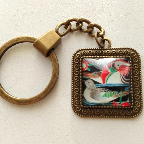 Ornate Bird Design Square Glass Cabochon Key Rings Choose Colour for Birthday Housewarming Gifts Women, Girls