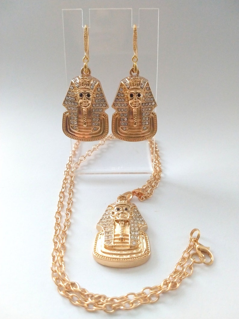 Pharaoh Rhinestone Bling Champagne Gold Earring and Necklace Set Statement Piece Ancient Egypt Style Stage Wear