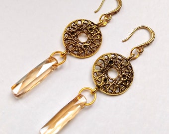 Swarovski Golden Shadow Column Dangle Earrings for Women, Birthday, Engagement Gift