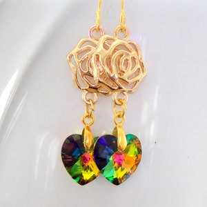 Vibrant Swarovski Rose Heart Earrings