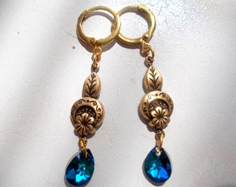 Swarovski Bermuda Blue Flower Charm Drop Earrings