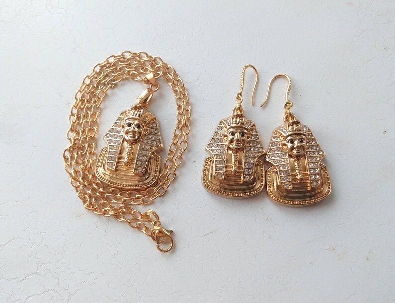 Pharaoh Rhinestone Bling Champagne Gold Earring and Necklace Set Statement Piece Ancient Egypt Style Stage Wear