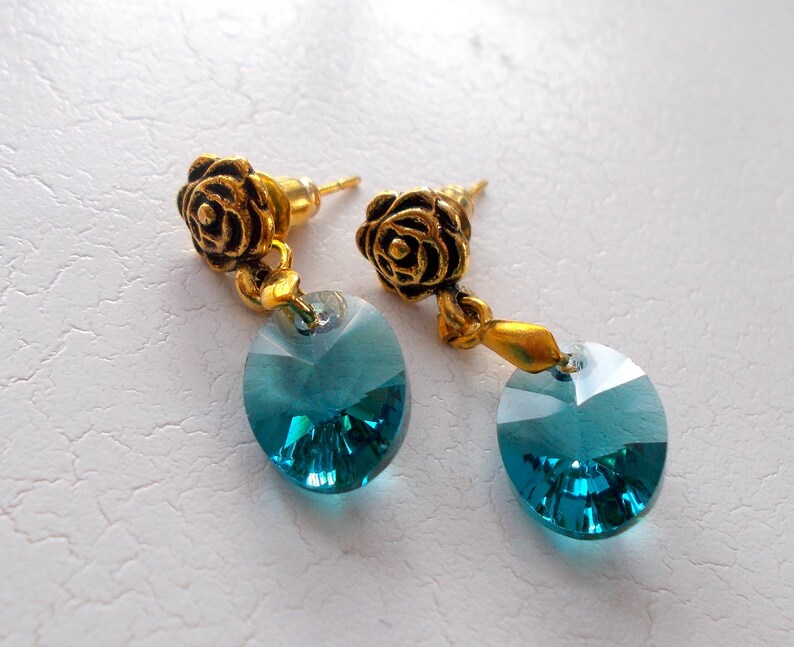 Antiqued Gold Rose Studs with Swarovski Elements image 3