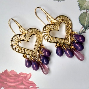 Blackberry and Pink or Crystal Moonlight -choose colour -Czech Pressed Glass Ornate Heart Chandelier Dangle Earrings