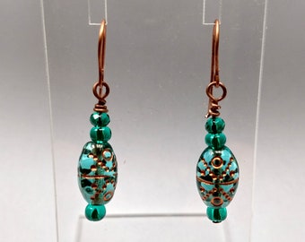 Czech Glass Aztec Style Luminous Green or Blue Dangle Earrings