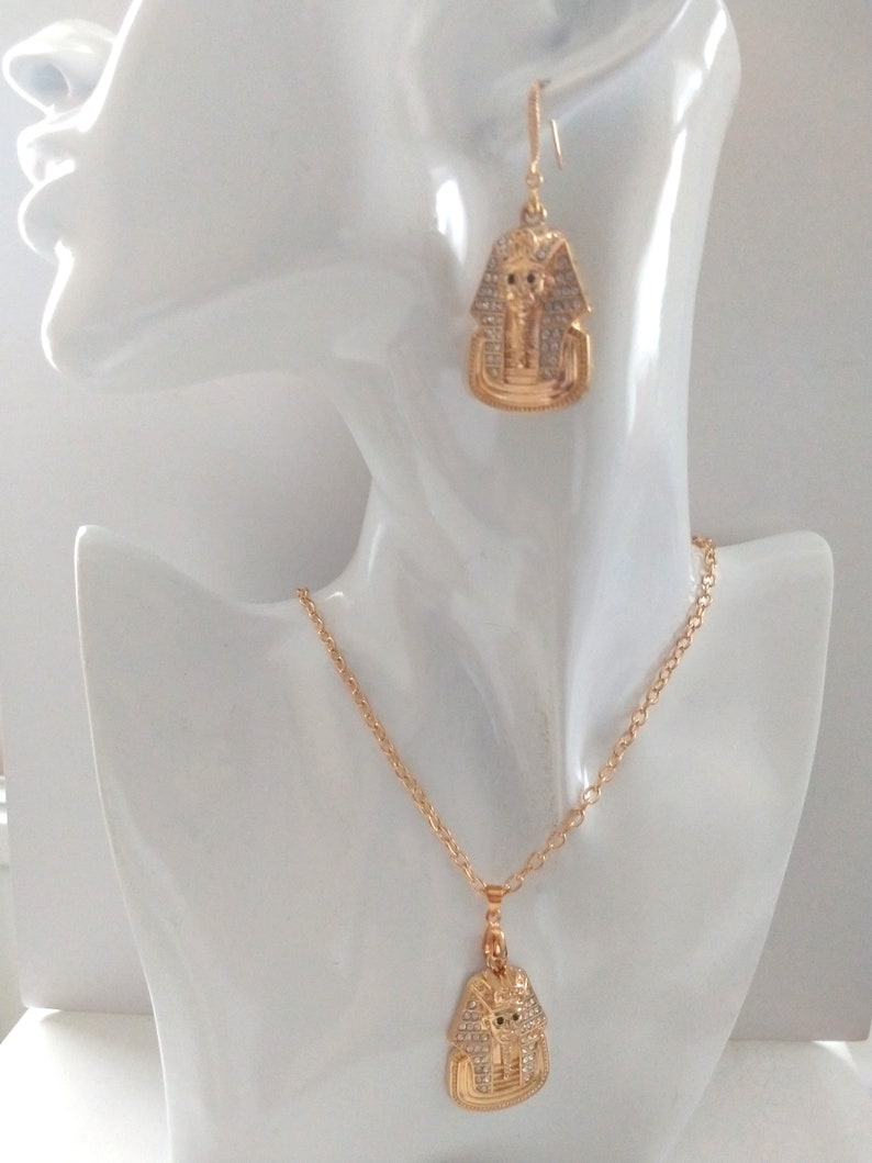 Pharaoh Rhinestone Bling Champagne Gold Earring and Necklace Set Statement Piece Ancient Egypt Style Stage Wear