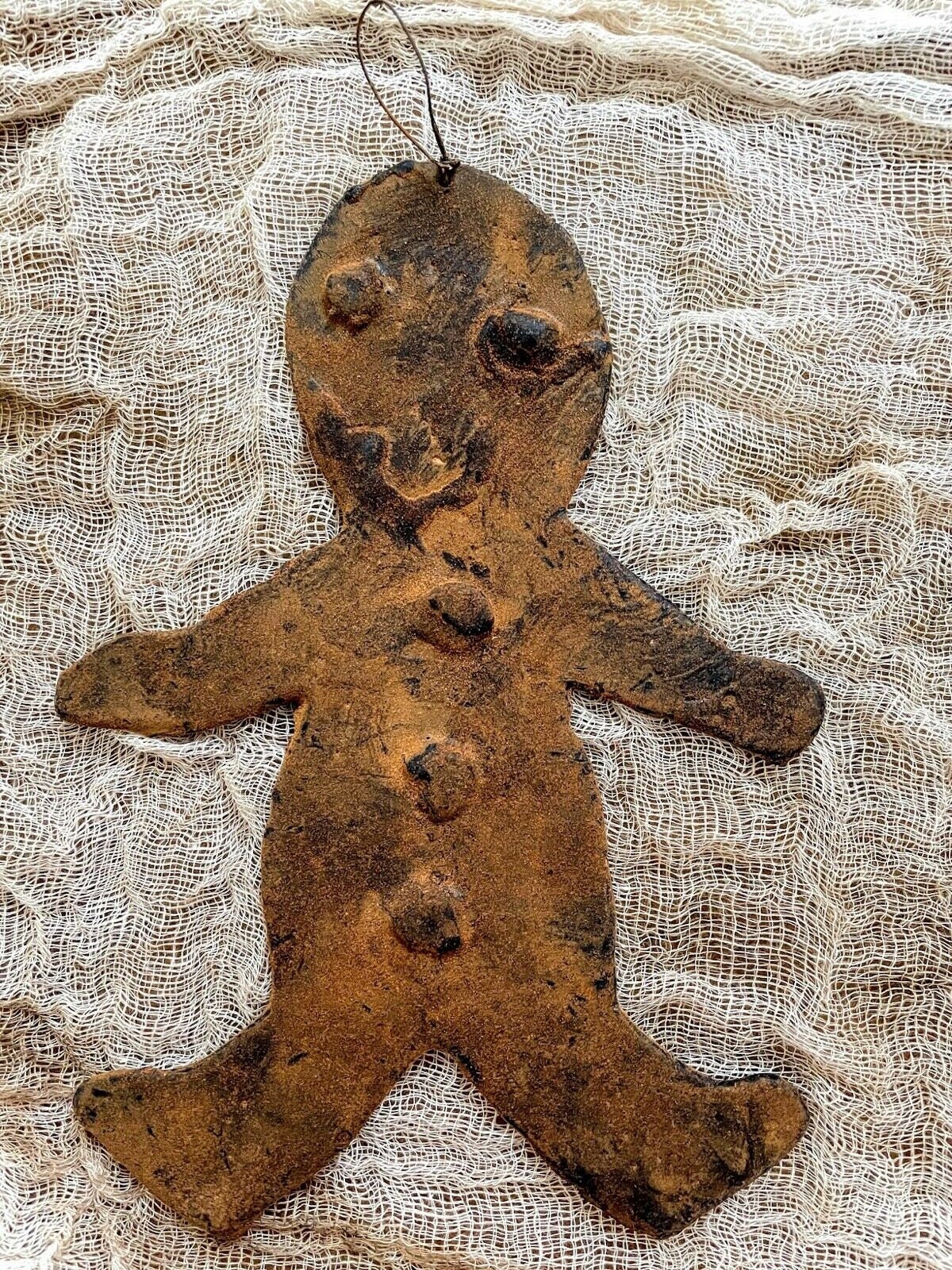 Primitive Colonial Wax Dipped Cinnamon Dusted Chunky Gingerbread Man Ornament 