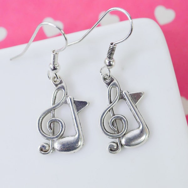 Boucles d'oreille note de musique et clé de sol, partition de musique, cadeau pour musicien, bijou charms argent objet, symbole, instrument