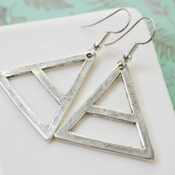 Triangle earrings, silver jewel geometric minimalist ethnic symbolic shape earrings, silver charms statement earrings, ideal gift for her