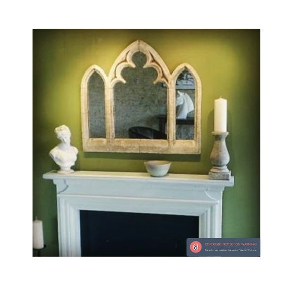 Large gothic triple light overmantel mirror arch
