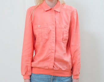 70s valentino pink linen blouse medium | peach cotton linen collared button down shirt | pull over blouse | bright pink linen shirt