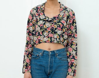 floral crop top small | 90s flower print blouse | black floral blouse | grunge crop top | cropped blouse | rose print blouse