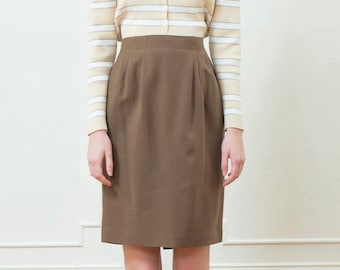 80s tan wool pencil skirt medium | brown wool high waisted pencil skirt | minimal office skirt | camel wool knee length skirt | minimalist