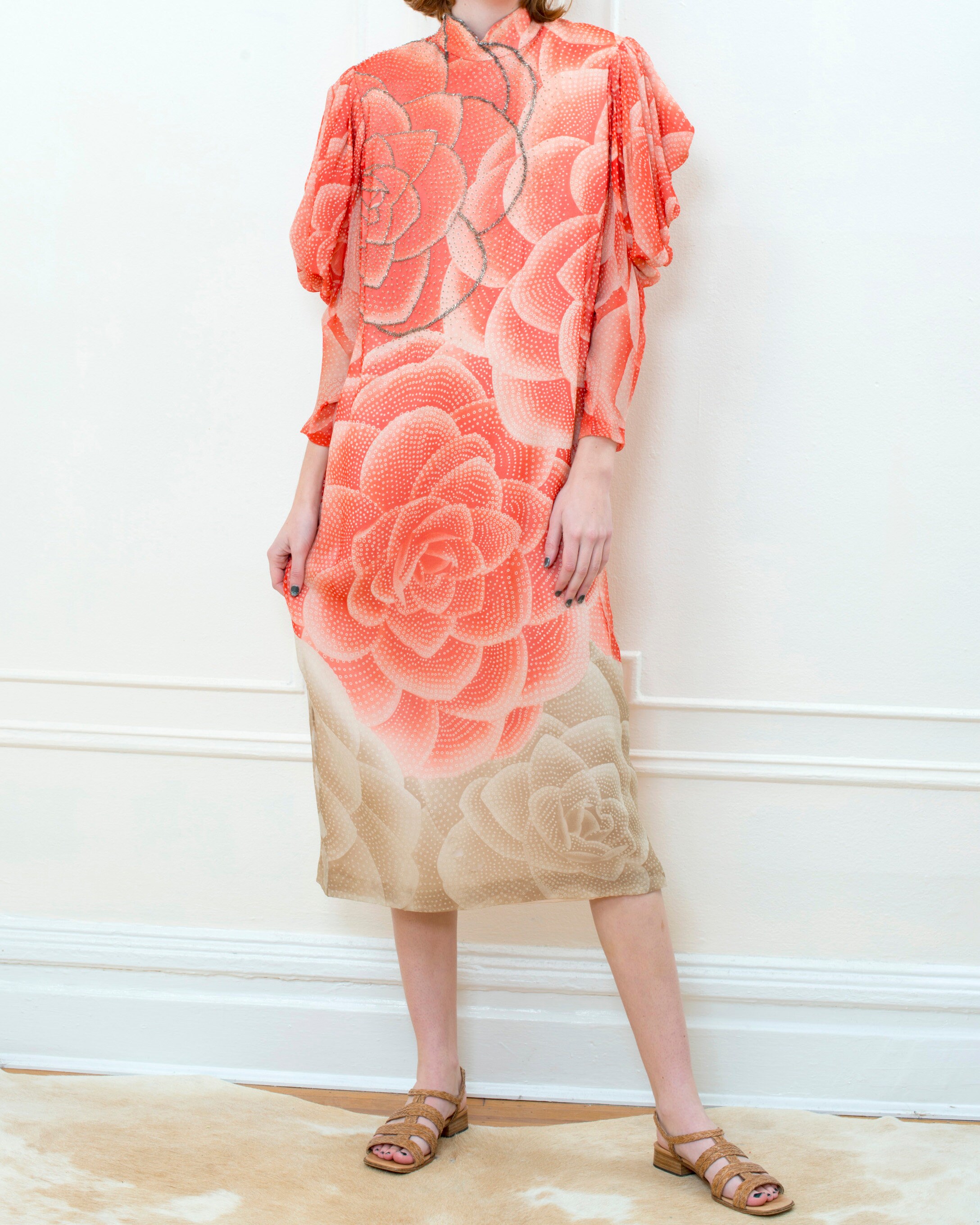 1920s Pink Floral Silk Dress Rare Peach Beaded Lotus Flower Print