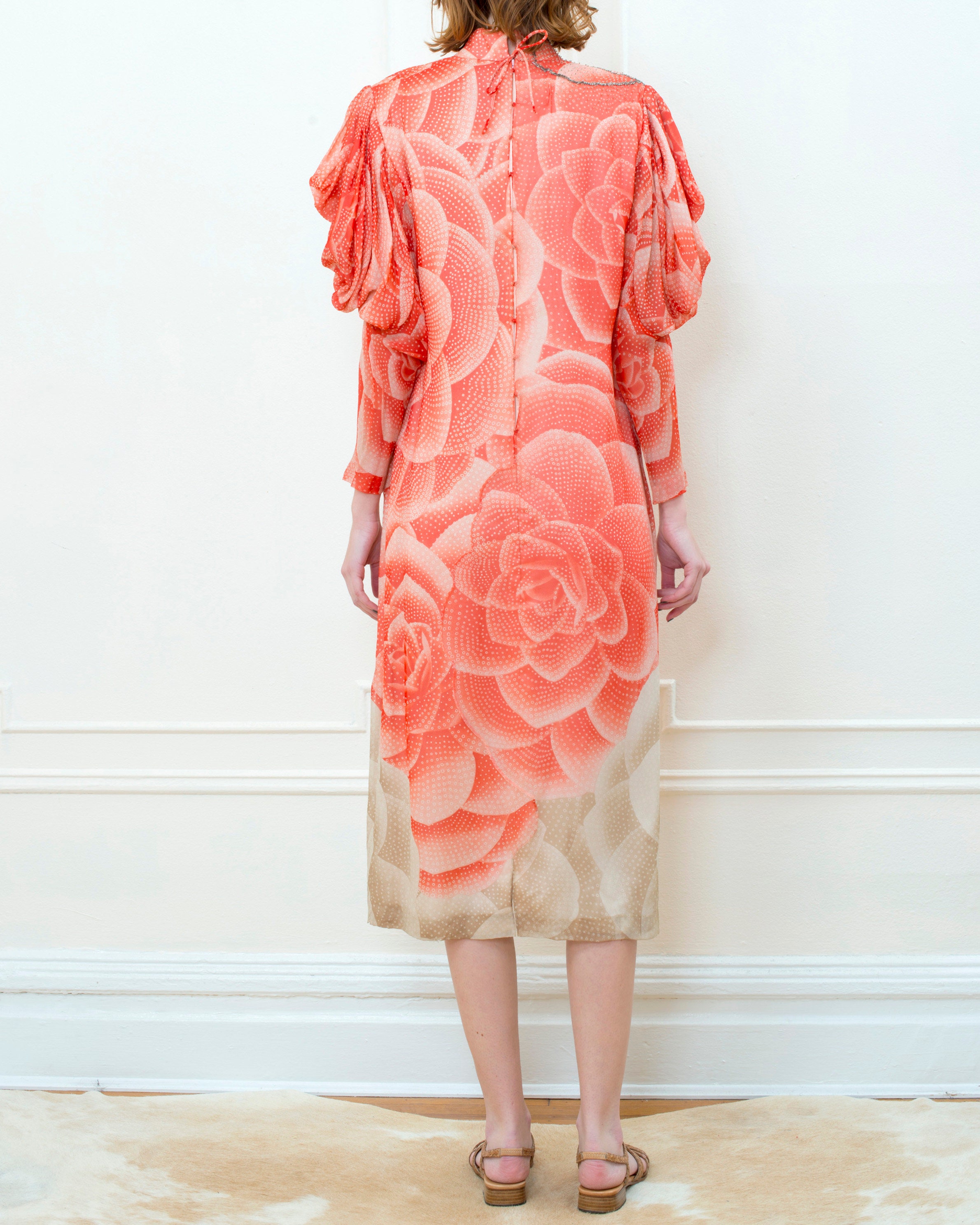 1920s Pink Floral Silk Dress Rare Peach Beaded Lotus Flower Print