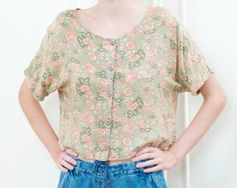 90s green pink floral cropped shirt | flower print top | rose print floral blouse
