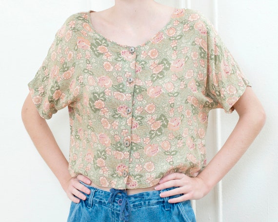 90s green pink floral cropped shirt | flower prin… - image 1