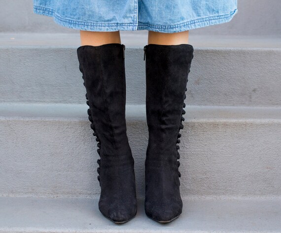 Knee High Black Suede Boots Low Heel