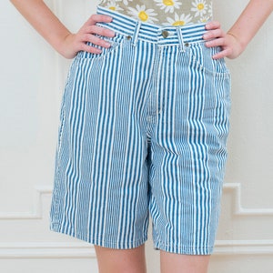 80s blue striped high waist denim shorts small 27 waist railroad stripe preppy high rise shorts chic denim striped twill jean shorts image 2