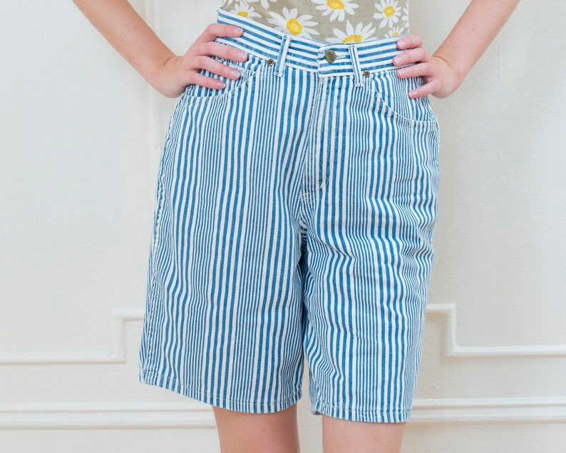80s blue striped high waist denim shorts small 27 waist railroad stripe preppy high rise shorts chic denim striped twill jean shorts image 2