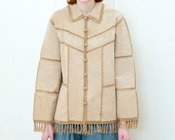 vintage tan suede fringe crochet jacket | 90s embr