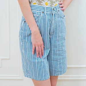 80s blue striped high waist denim shorts small 27 waist railroad stripe preppy high rise shorts chic denim striped twill jean shorts image 3