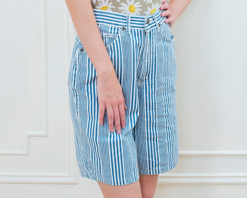 80s blue striped high waist denim shorts small 27 waist railroad stripe preppy high rise shorts chic denim striped twill jean shorts image 3