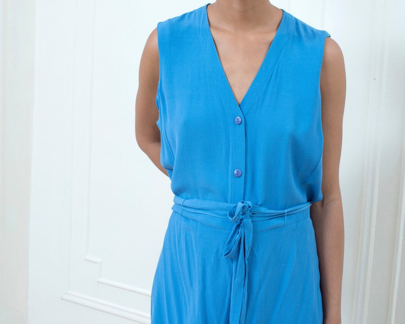 xl blue vest short set minimal bright blue matching set 90s blue 2 piece gaucho shorts set romper set minimalist summer suit