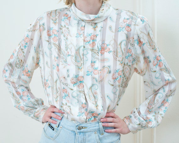 80s white paisley blouse | silky printed high nec… - image 1