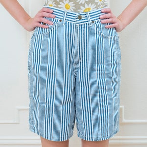 80s blue striped high waist denim shorts small 27 waist railroad stripe preppy high rise shorts chic denim striped twill jean shorts image 7