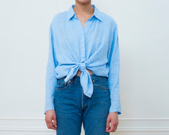 blue linen blouse large | light blue cotton linen