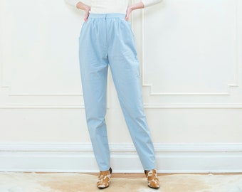 80s blue pleated trousers medium | cotton power suit pants 27 waist | pale light blue tapered high waisted pants | pastel high rise trousers