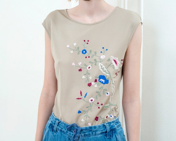 90s kritzia tan mesh blouse | nude floral embroide