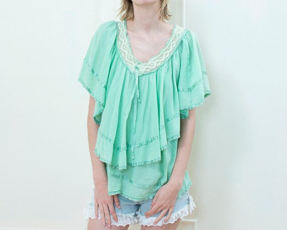 90s mint green ruffle blouse | lace collar tiered