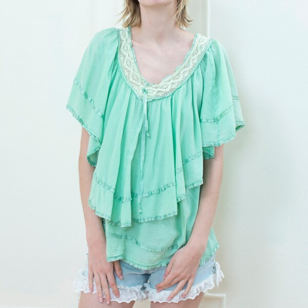 90s mint green ruffle blouse | lace collar tiered ruffled light green tunic blouse | ribbon trim boho hippie blouse | bohemian blouse