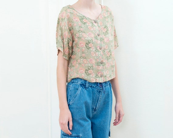 90s green pink floral cropped shirt | flower prin… - image 3