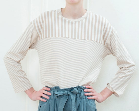 90s tan white breton cotton tshirt top | beige str