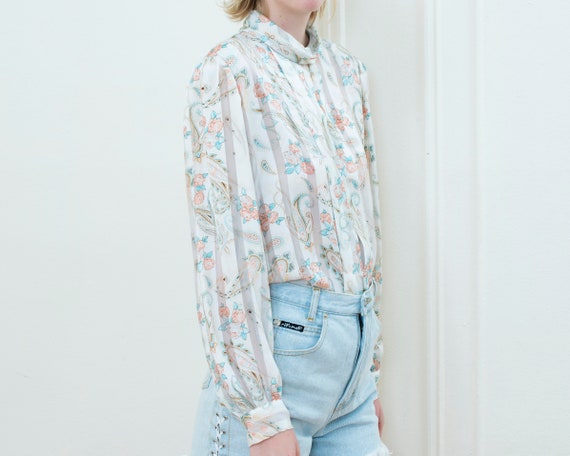 80s white paisley blouse | silky printed high nec… - image 3