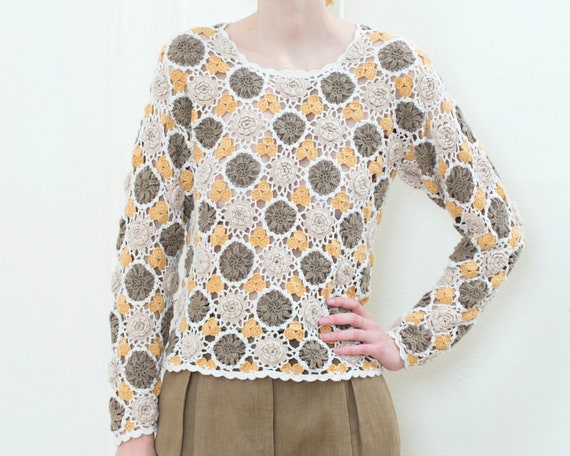 Vintage Crochet Afghan Sweater Yellow Beige Hand Knit Sweater