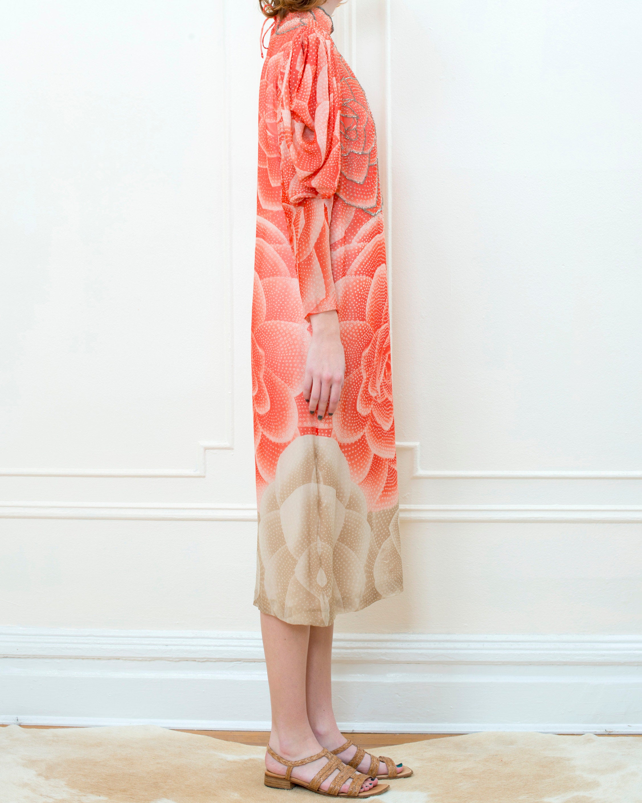 1920s Pink Floral Silk Dress Rare Peach Beaded Lotus Flower Print