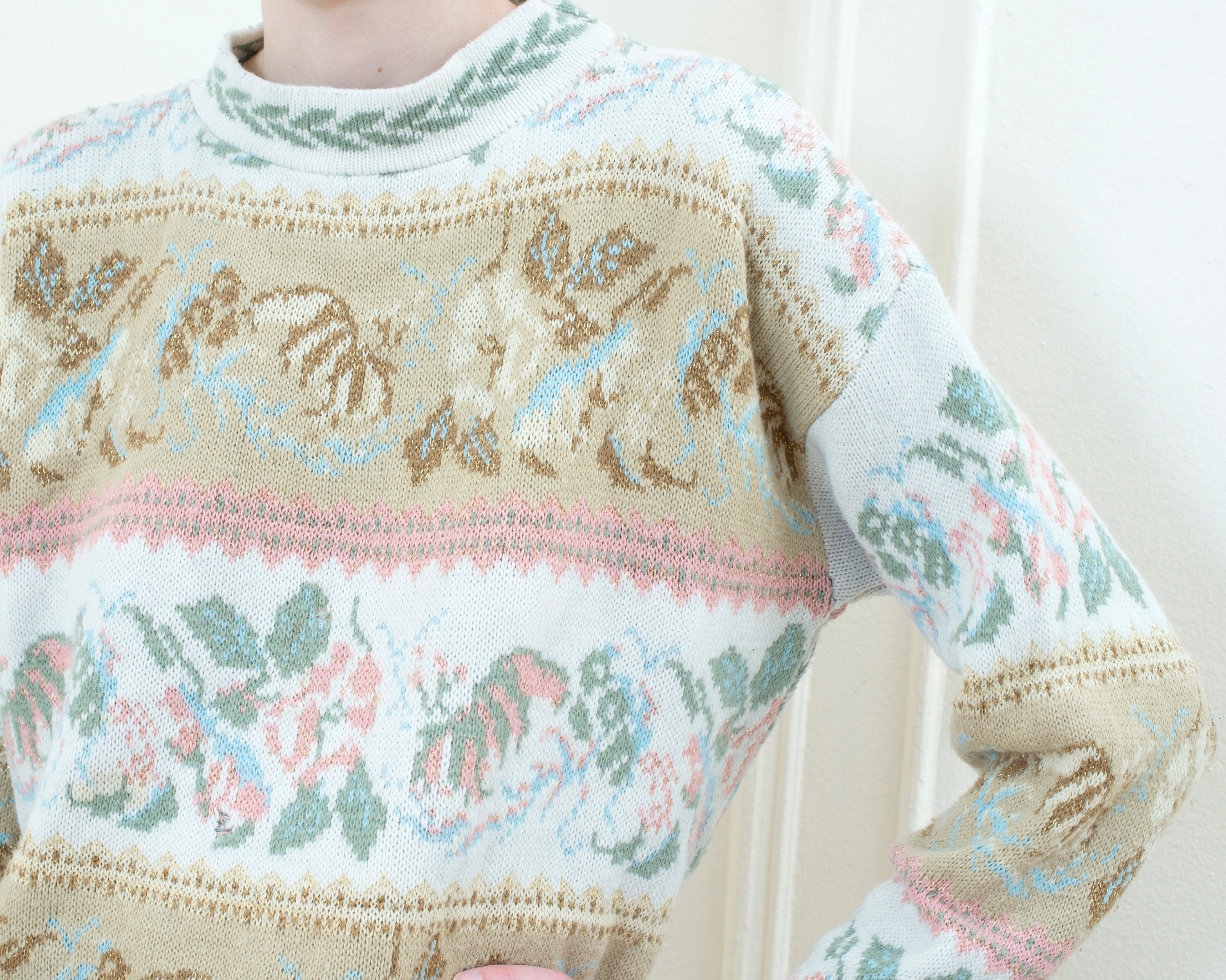 Vintage 80s Striped Floral Sweater Mockneck Intarsia Pastel - Etsy