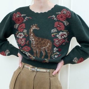 vintage herman geist grün Giraffenpullover | Intarsie Wolle Floral Strick Tier Pullover über Pullover | Jakobsmuschel Strickpullover