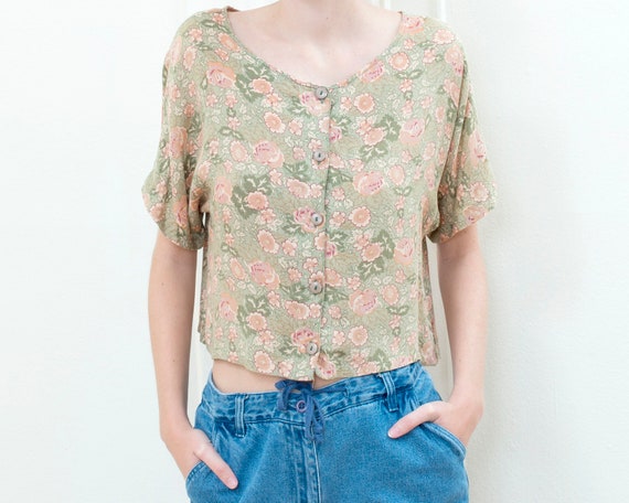 90s green pink floral cropped shirt | flower prin… - image 2