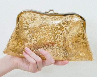 gold clutch | 70s see through glitter clutch | gold metallic clutch | gold snap clutch | gold plastic clutch purse | sparkle clutch