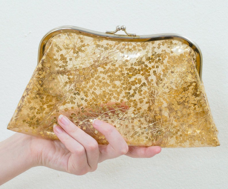 gold clutch 70s see through glitter clutch gold metallic clutch gold snap clutch gold plastic clutch purse sparkle clutch image 1