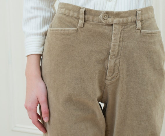 high waisted cropped khaki velvet straight leg trousers eddie bauer beige velvet preppy pants 90s tan velvet pants medium petite